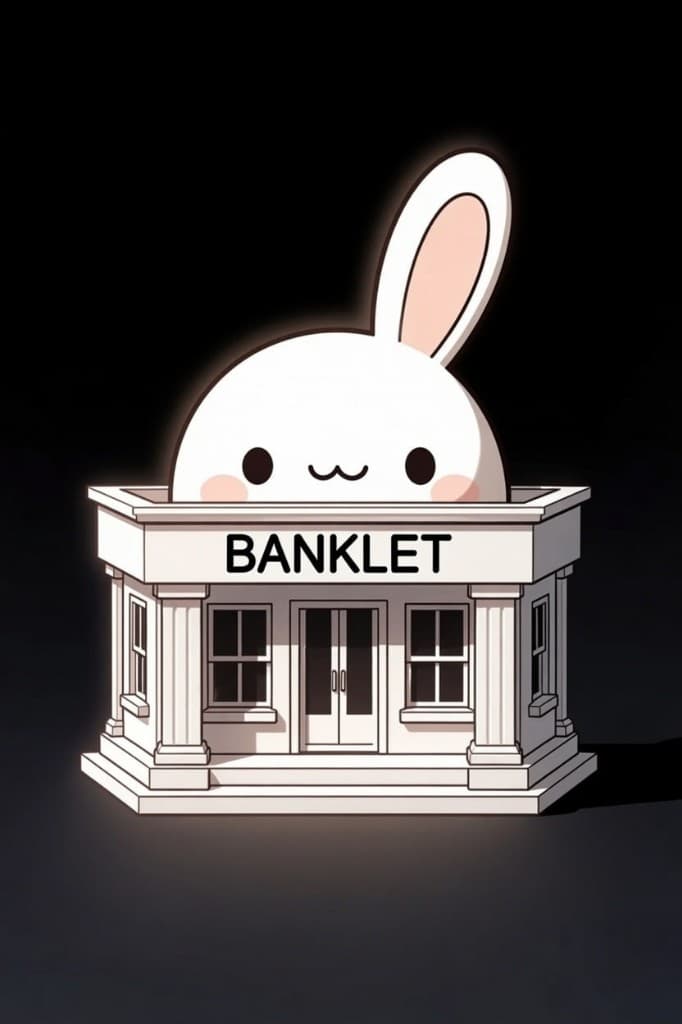 The Banklet mascot — a little white bunny popping out of a tiny classical bank